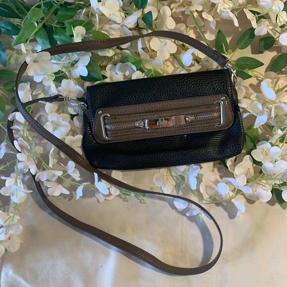 Chaps Black & Brown Faux Leather Crossbody Bag Adjustable Strap & Silver-Tone Ac - Picture 3 of 8